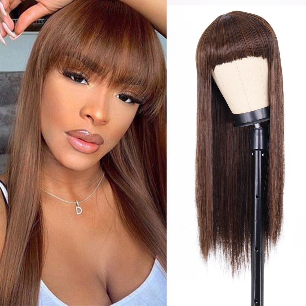 MERISIHAIR Long Straight Black Wig with Bangs Synthetic Hair Wigs Bang with Wig for Women Wine Red Gold Heat Resistant Wigs