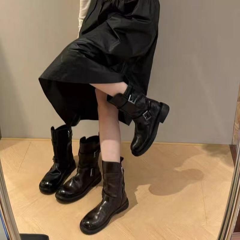Mom Washed Shrinkage Pleated Belt Buckle Zipper Year Thick Bottom Skinny Short Boots Martin Boots