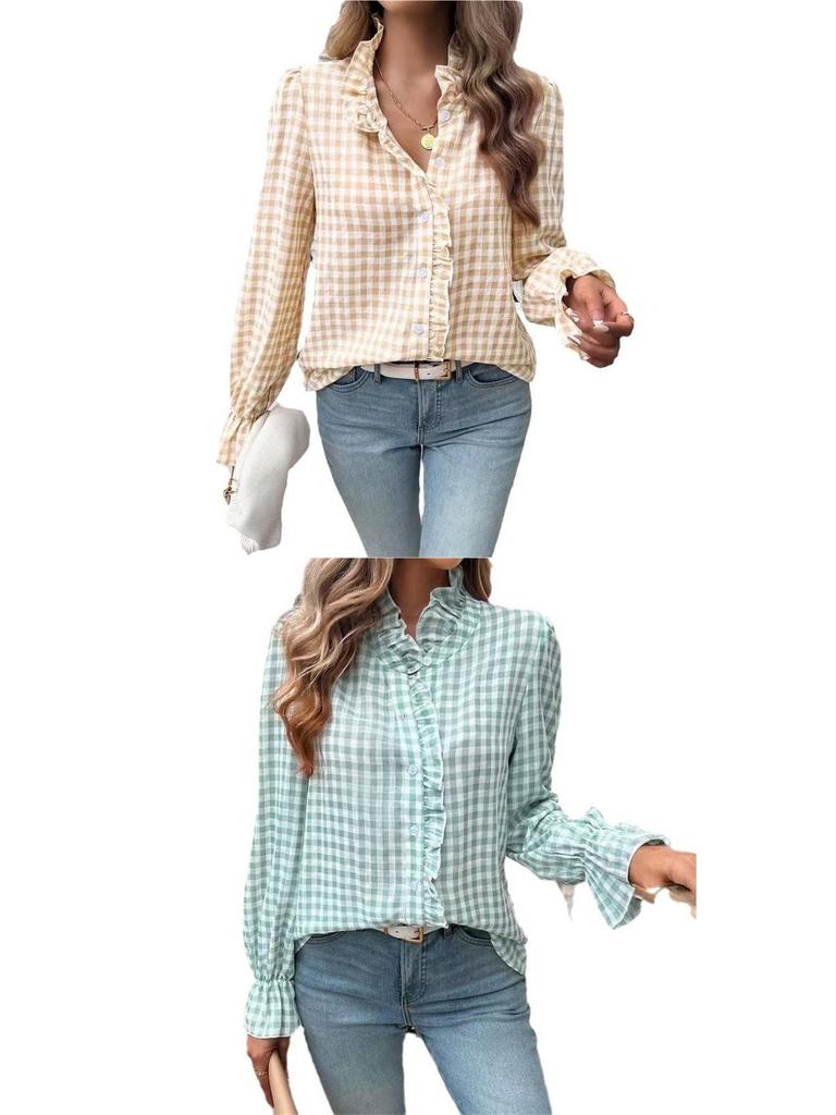 2026 Spring French Ruffle Plaid Women's Shirt - New Arrival