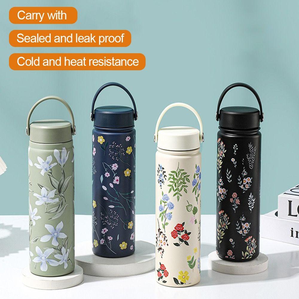 Stainless Steel Water Bottle Flower Printed Coffee Mug Vacuum Handy Cup  Outdoor Travel Office