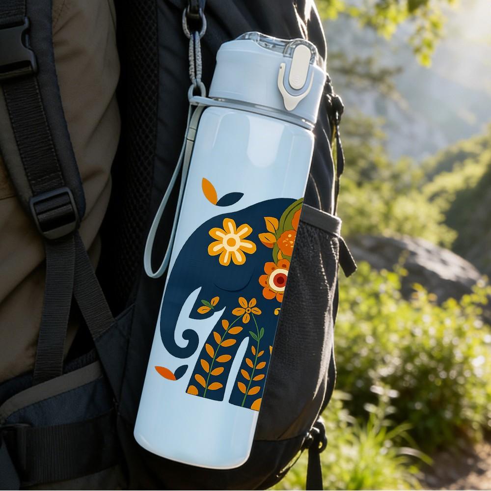 1PC Decorated Asian Elephant Print 750ml Color Plastic Sports Water Bottle Leakproof Flip Straw Lid Suitable for Sports Office Home Use