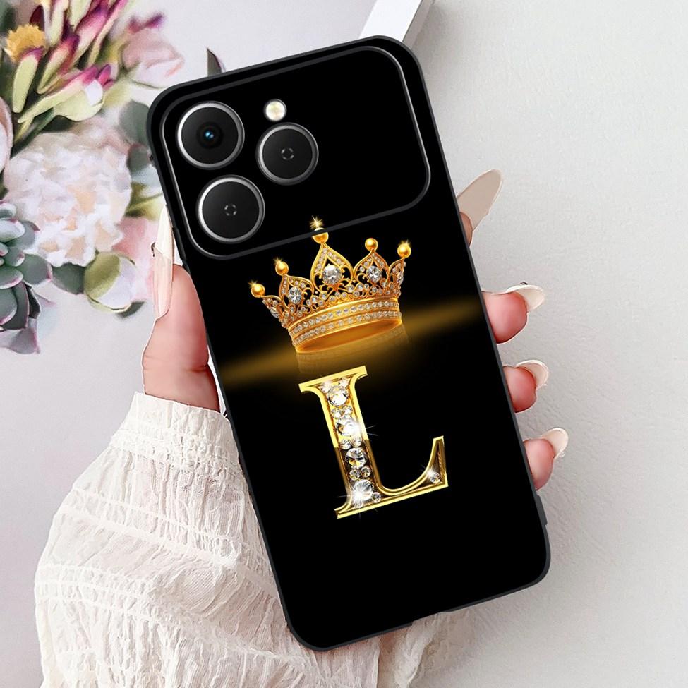 For Tecno Spark 40 Case Black Silicone Luxury A-Z Letters Fashion Flowers Crown Shockproof Cover For Techno Spark 40 Phone Case