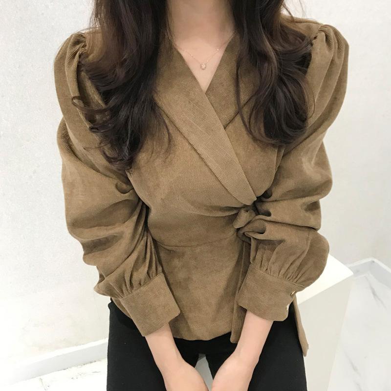 Korean chic autumn French retro suit collar side lace-up waist thin solid color bubble sleeve shirt top