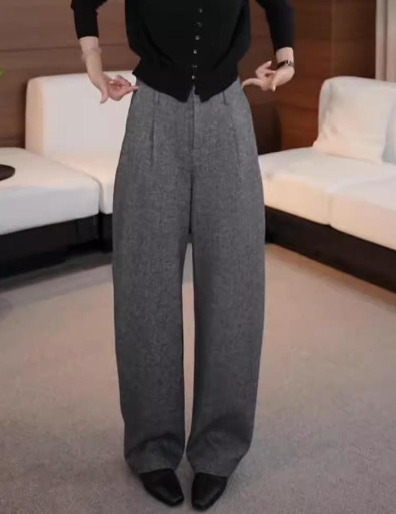 Women's 2025 Winter Gray Wool Wide-Leg High-Waist Relaxed Pants Plus Size