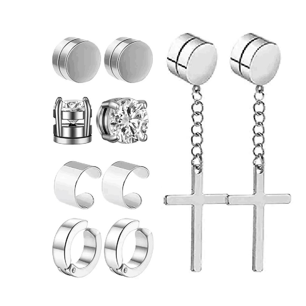 1-10 Pairs of Men's Fashionable Ear Hole Free Magnet Zircon Stainless Steel False Earring Set