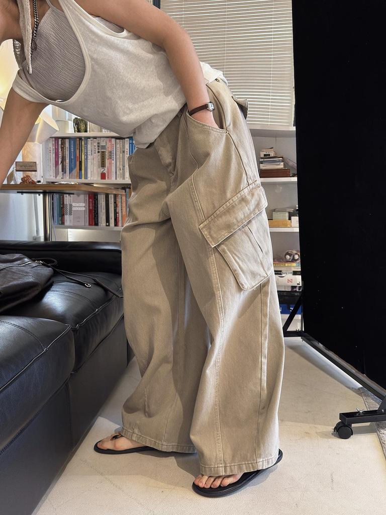 Women's 3D Patchwork Cargo Jeans with Large Pockets - Loose Wide-Leg Style for Spring/Summer Streetwear
