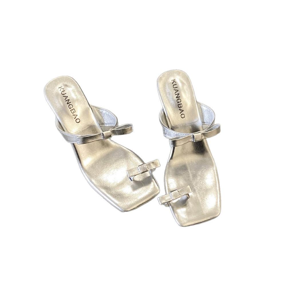 2025 spring and summer new French bow set toe sandals femininity wear one word with high heels slippers