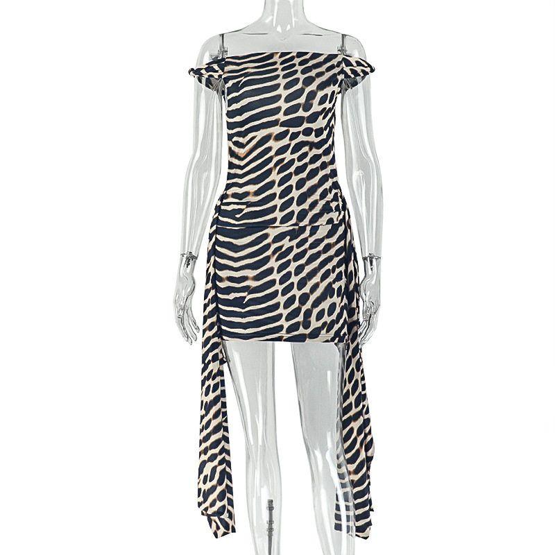 Foreign Trade Personalized Women s Clothing, Street Style Leopard Print Tie-Up Bodycon Dress, Asymmetrical Neckline, Sleeveless, Casual Short Dress Leopard print S