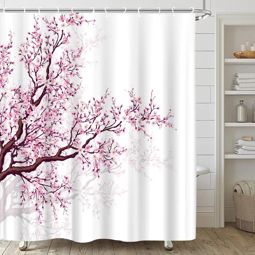 Pink Sakura Flowers Shower Curtains Japanese Cherry Blossoms Trees Floral Rustic Garden Landscape Fabric Print Bathroom Decor