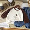 1-12Y Children's Velvet Base Shirt Spring Long Sleeved Casual Tee Baby Girls Boys Patched Color Round Neck Outerwear Tops
