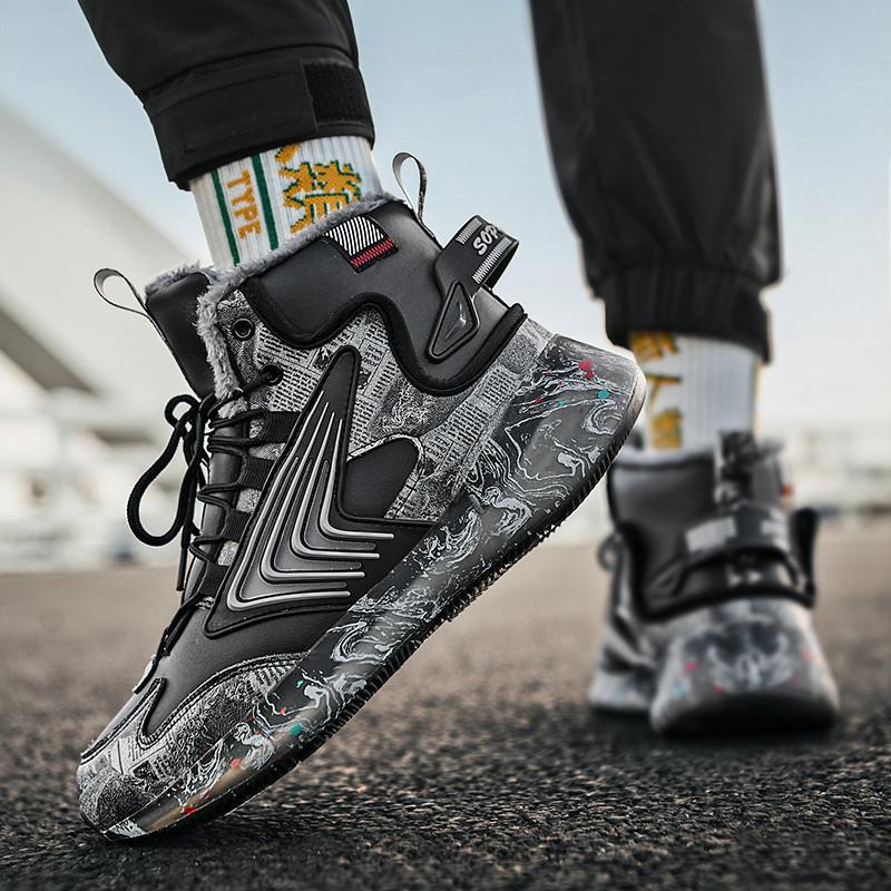 Winter Guochao Northeast cotton shoes wear velvet warm luminous high-top shoes student graffiti sports snow boots men's shoes