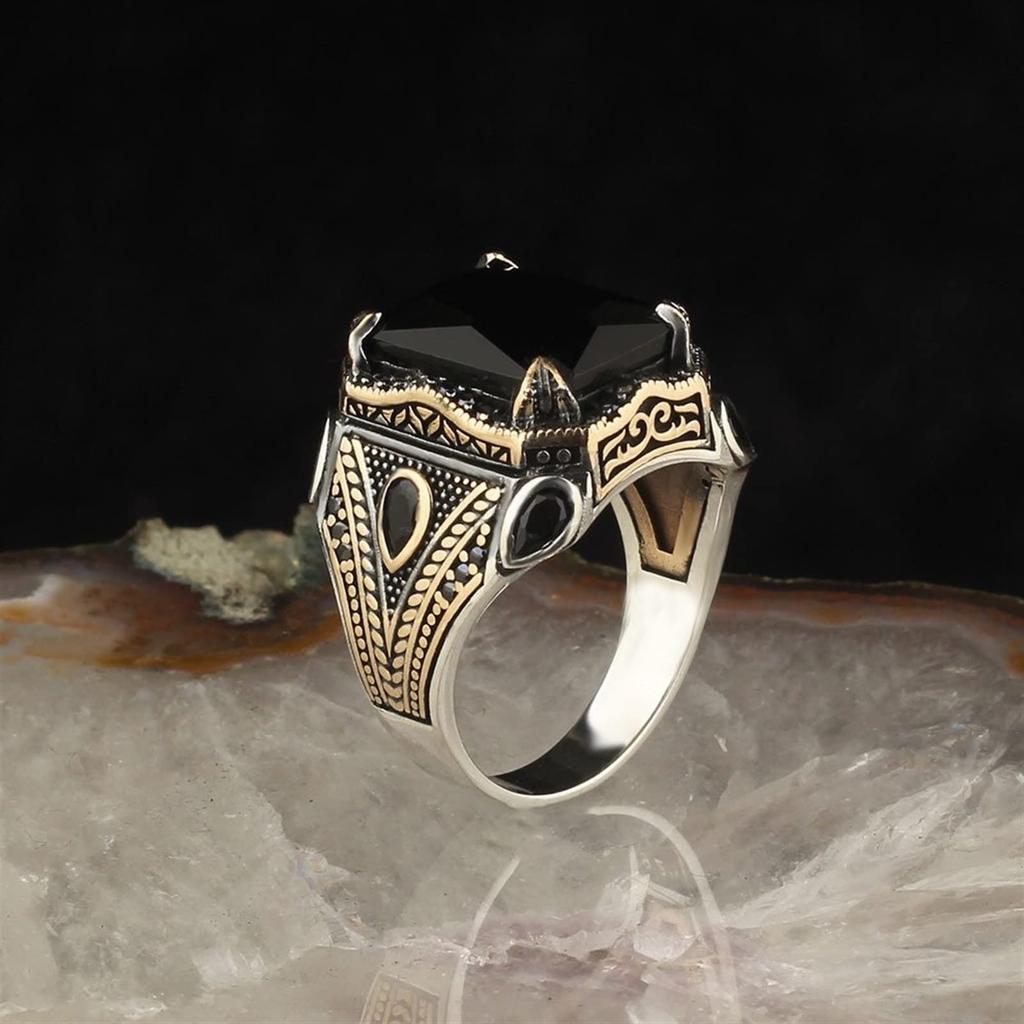 Retro Handmade Turkish Signet Rings For Men Ancient Silver Color Carved Eagle Ring Black Zircon Inlay New Punk Motor Biker Ring