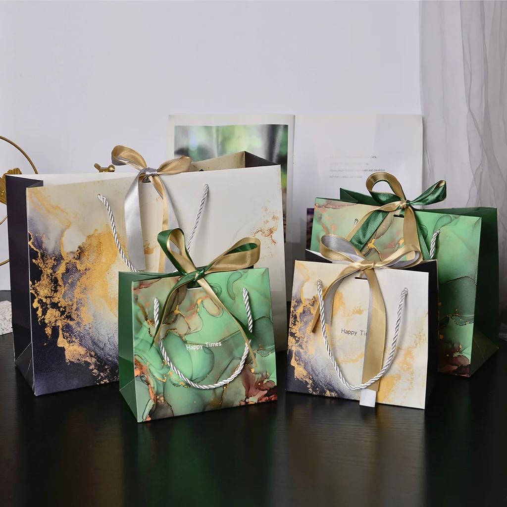 1-20PCS Marble Gift Bags with Ribbon Fashion Tote Paper Bags Clothing Shopping Bags Candy Bags Party Gift Packaging Supplies