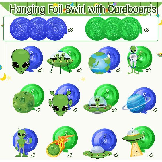 Capoda 54 Pcs Alien Decorations Hanging Swirls No DIY UFO Theme Party Ceiling Decorations Green Alien Outer Space Saucer Man Hanging Swirls for Boys