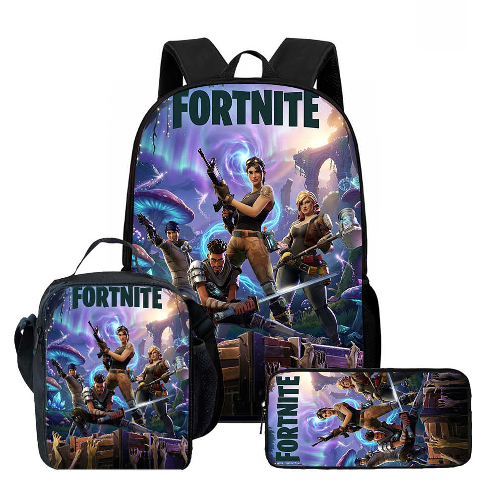 3Pcs Set Kids School Backpack With Lunch Bag & Pencil Bag,Cartoon Fortnite School Bags For Age 5-10,Lightweight For Boys Girls