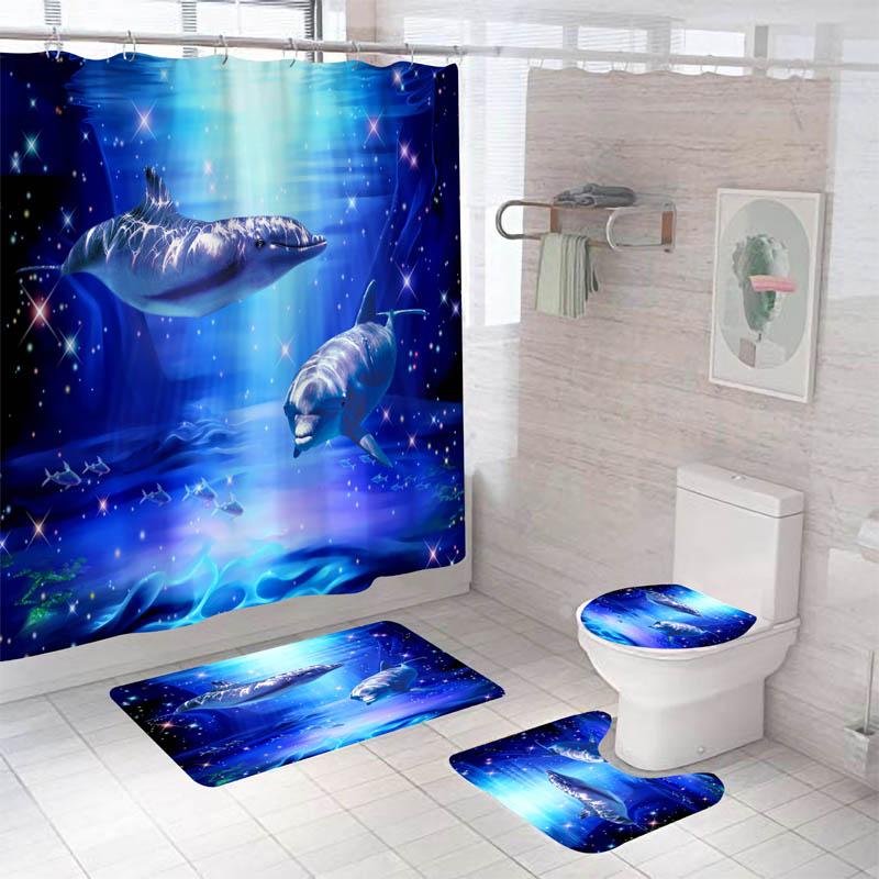 Dolphin Bathroom Decor Waterproof Shower Curtain Set Toilet Seat Cover Non-Slip Bath Mat Rug Carpet Polyester Fabric Washable