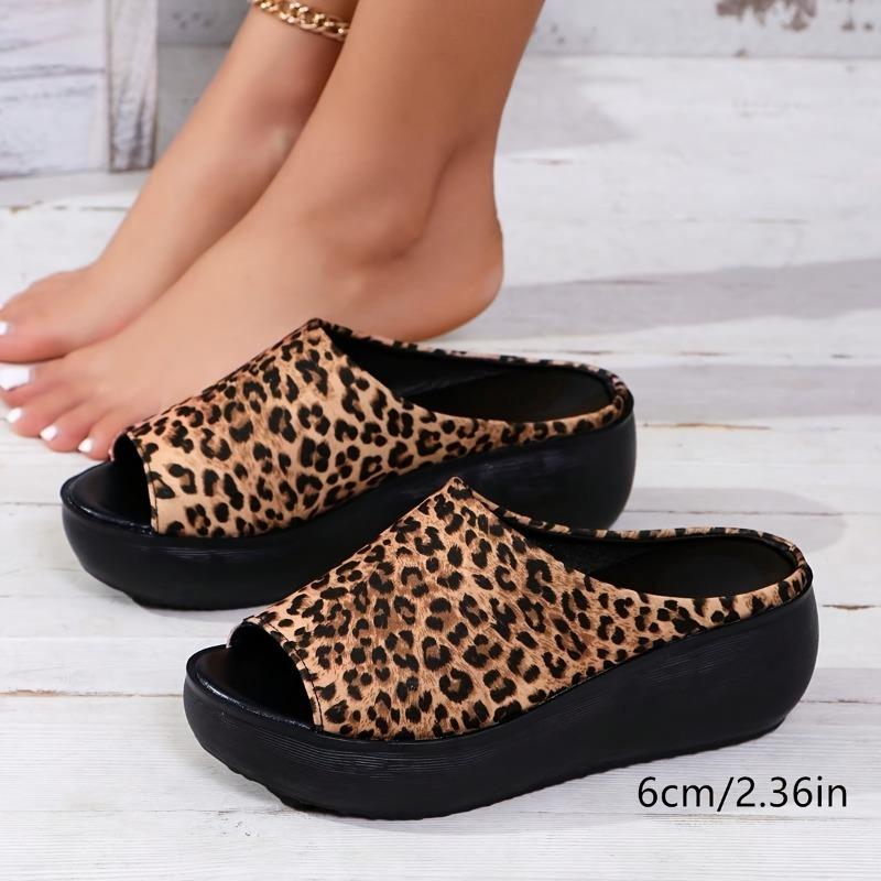 Women's Leopard Print Wedge Sandals - Stylish Slip-On Platform with Black Rubber Sole, Open Toe Design for Summer Outdoor Wear, Ladies Sandals