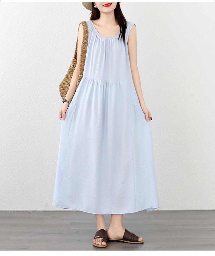 Elegant And Laid-back Style, Large Sleeveless Cotton And Linen Round-neck Vest Dress