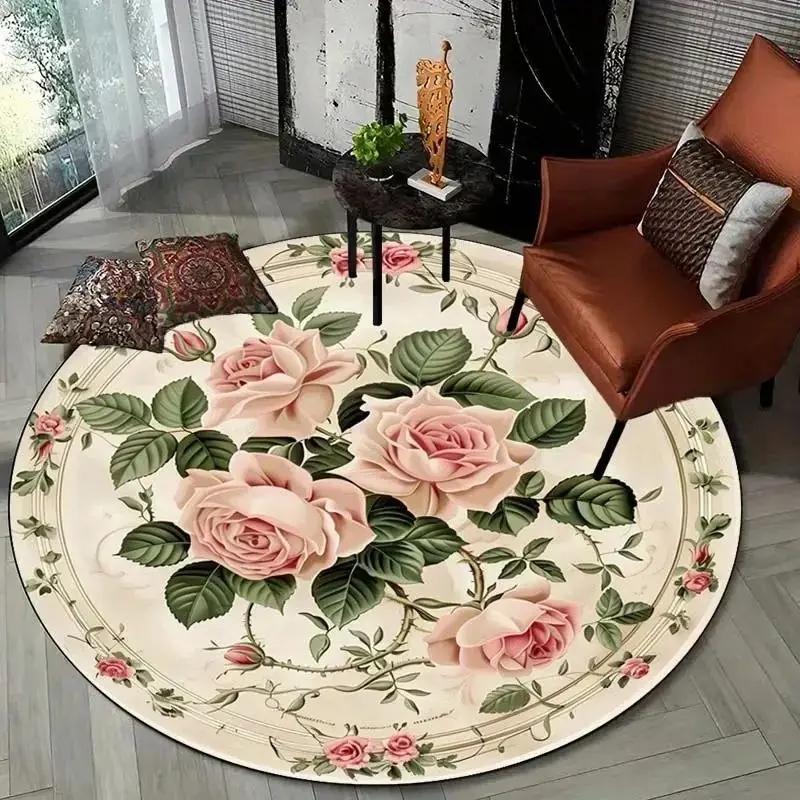 Home Aesthetic Round Bedroom Bedside Pink Carpet Guest Room Princess Floral Floor Cushion Luxury Home Carpet Home Decoration