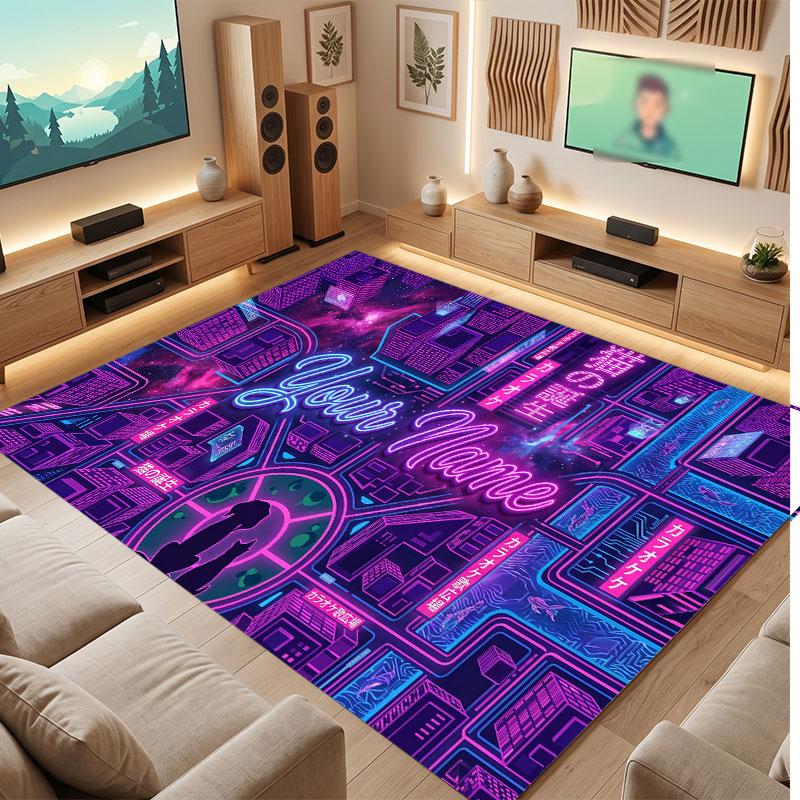 City Cyberpunk Theme Crystal Velvet Floor Rug Personalized Custom Name Text Warm Carpet Home Decoration