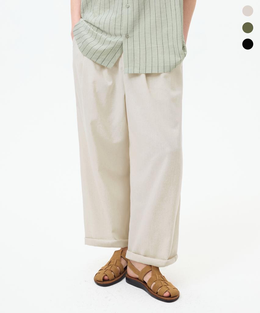 TRILLION Double-Pleat Tapered Linen Wide Elastic Waist Pants_3Color