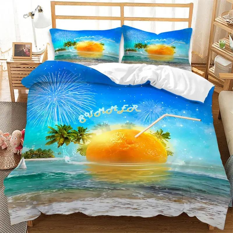 Comforter Summer Beach Hawaiian Vacation Style Seashell Starfish Bedding Set Microfiber Tropical Landscape Queen