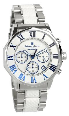 Armbanduhr Chronograph wasserdicht bis 10 ATM Business Formal Italienische Marke Limitiert Modell SM15104 x [Salvatore Mara] Herren (Weiß Blau) [Artikel]