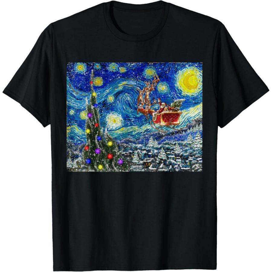 Starry Christmas Night Van Gogh Santa Sleigh Snow Snowy T-Shirt XXXXXL чёрный