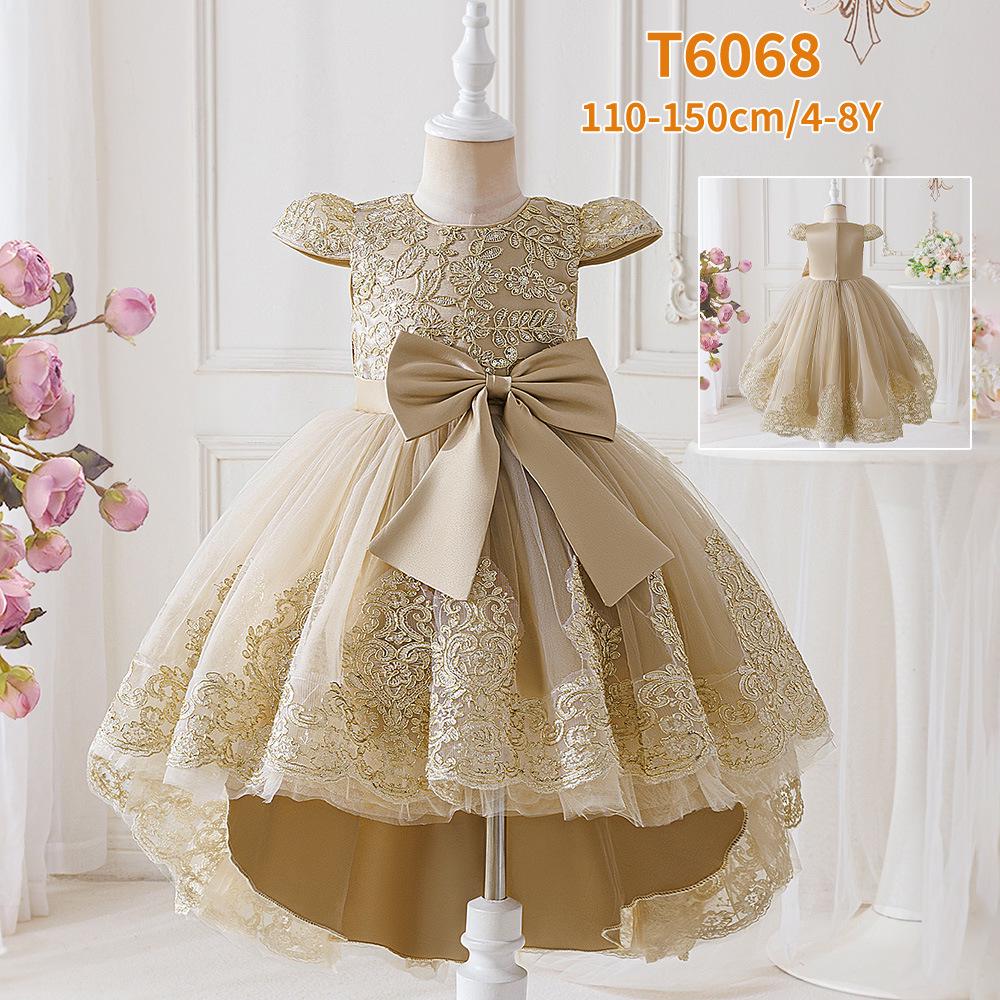 Girls' Elegant Lace Princess Evening Dress with Train for Special Occasions