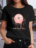 Women'S "Pink Planet Rose" Printed Short-sleeved T-shirt  Moderate Elasticity, Machine Washable, Crew Neck, Fashionable Design, 2026 New Style