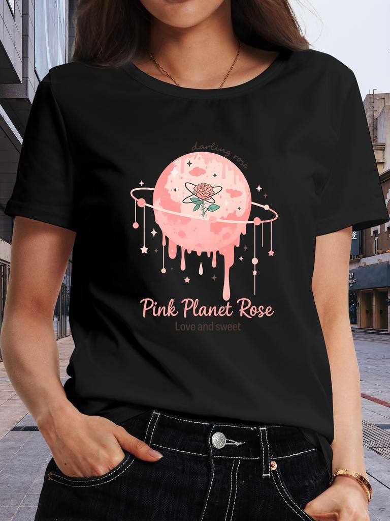 Women'S "Pink Planet Rose" Printed Short-sleeved T-shirt Moderate Elasticity, Machine Washable, Crew Neck, Fashionable Design, 2026 New Style