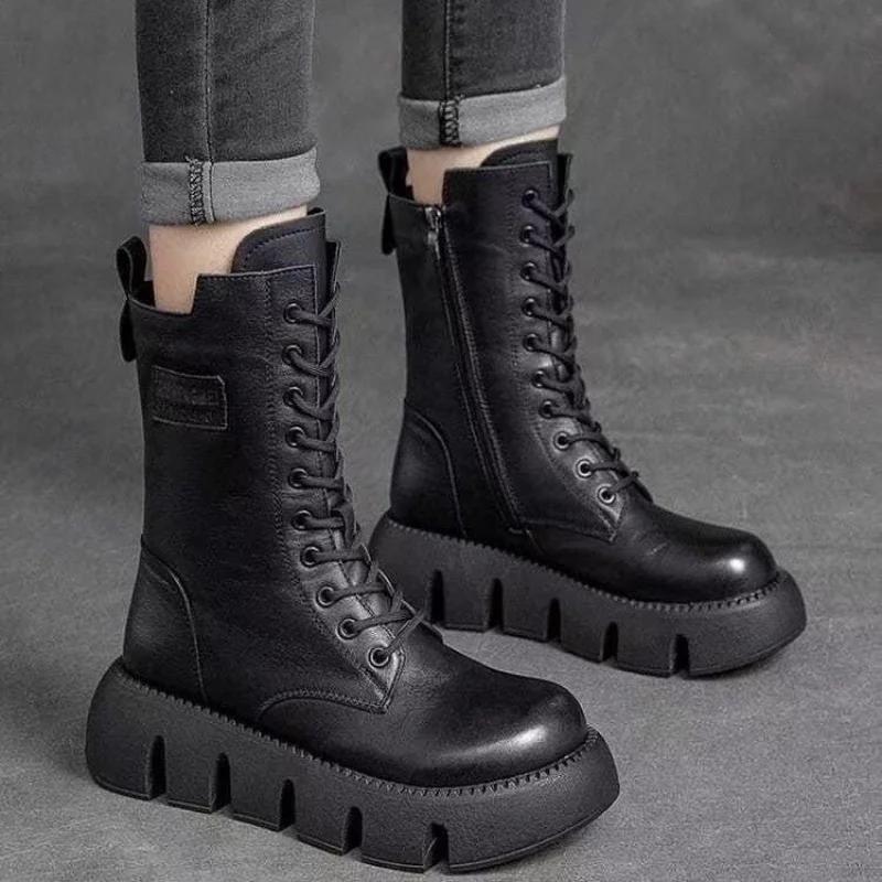 Chunky Platform Punk Boots for Women Thick Bottom Knee High Boots Woman Autumn Winter Fashion PU Leather Motorcycle Botas Mujer