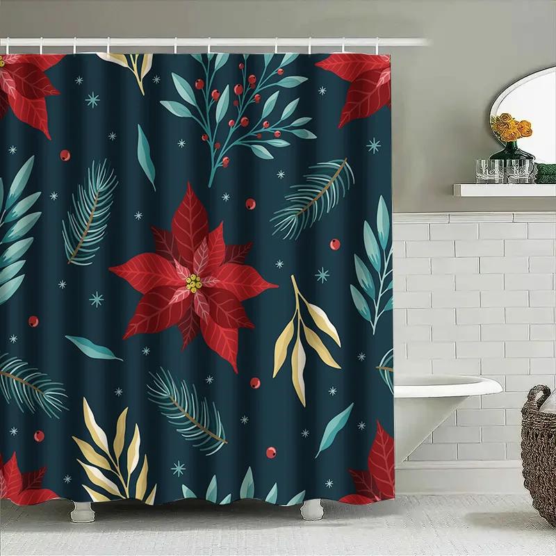 GAEStylish Blue Floral Shower Curtain with Christmas Poinsettias for Bathroom Decor Waterproof Fabric Easy Installation Kit In