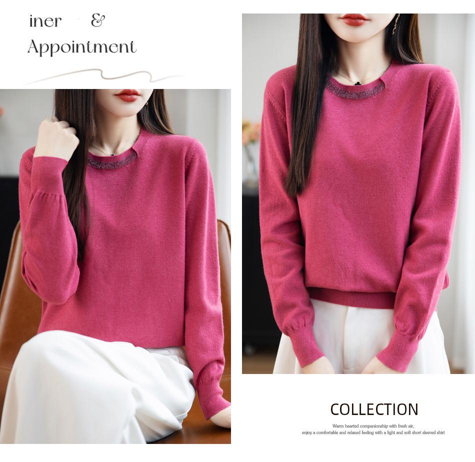 Women's Rhinestone Crew Neck Knit Sweater - Elegant, Versatile, and Stylish for Autumn & Winter
