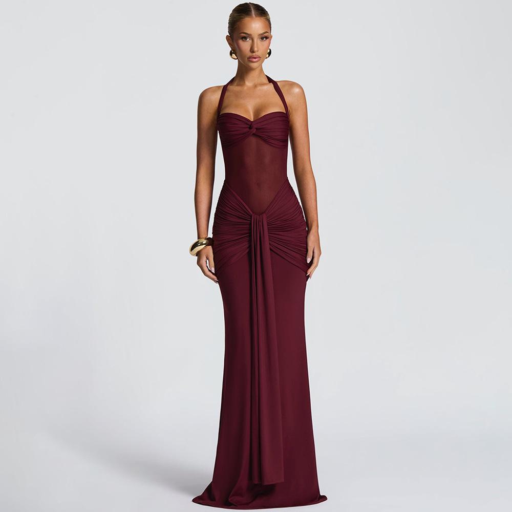 Elegant 2025 Ruched Backless Women's Long Dress with Hip-Wrap Design