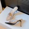 2025 Summer New Pointed One-word with Rhinestones Open-toed High-heeled Sandals Socialite Style Beautiful Thin-heeled Cool Slippers
