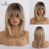 Brown Gradient Golden Medium Straight Hair Inward Buckle Eight-Character Bangs Wig For Women Full Headgear