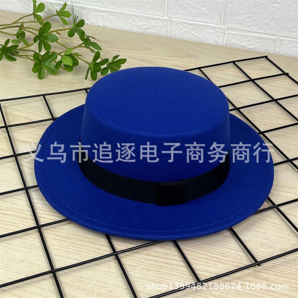 Simple black strap flat top woolen top hat autumn and winter woolen hat men's and women's hats flat edge retro British gentleman's hat
