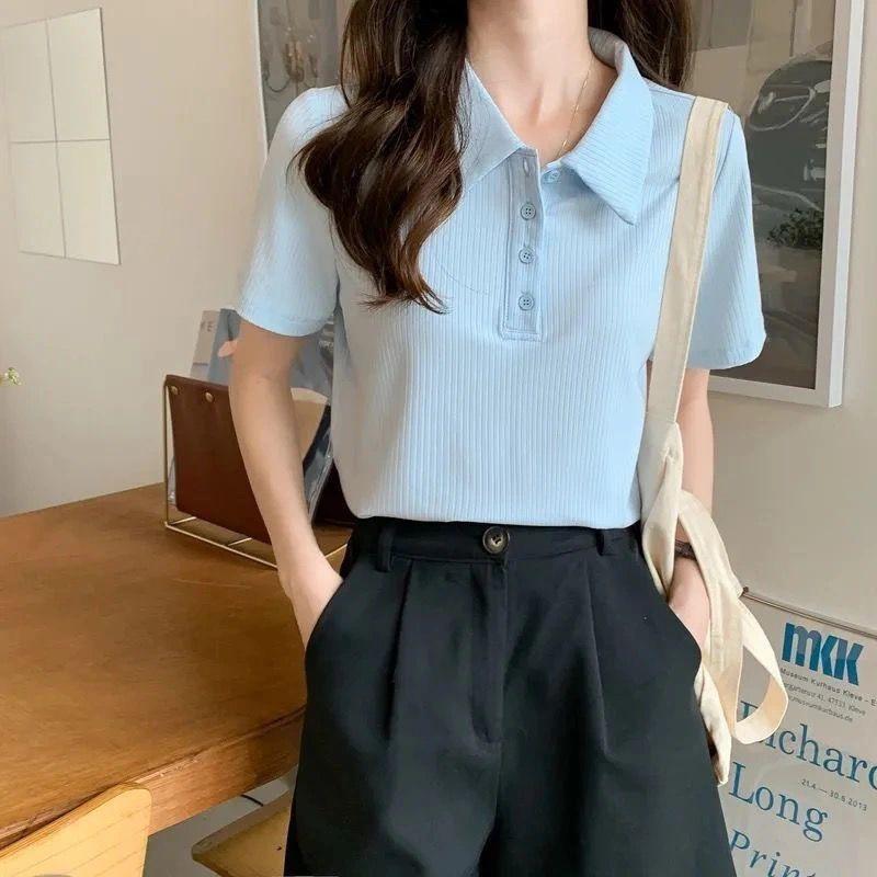 Women's White Polo Neck Short Sleeve T-shirt Ribbed Knit Casual Loose Top