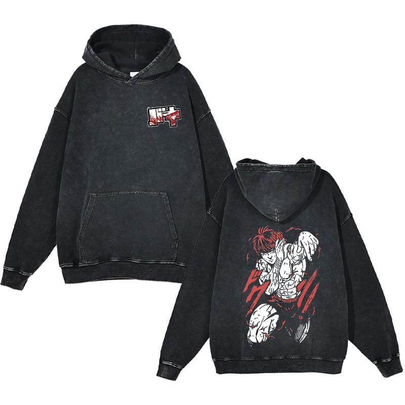 Baki Hanma Anime Streetwear Hoodie Heavyweight Cotton Washed Vintage Style Mens Long Sleeve Pullover