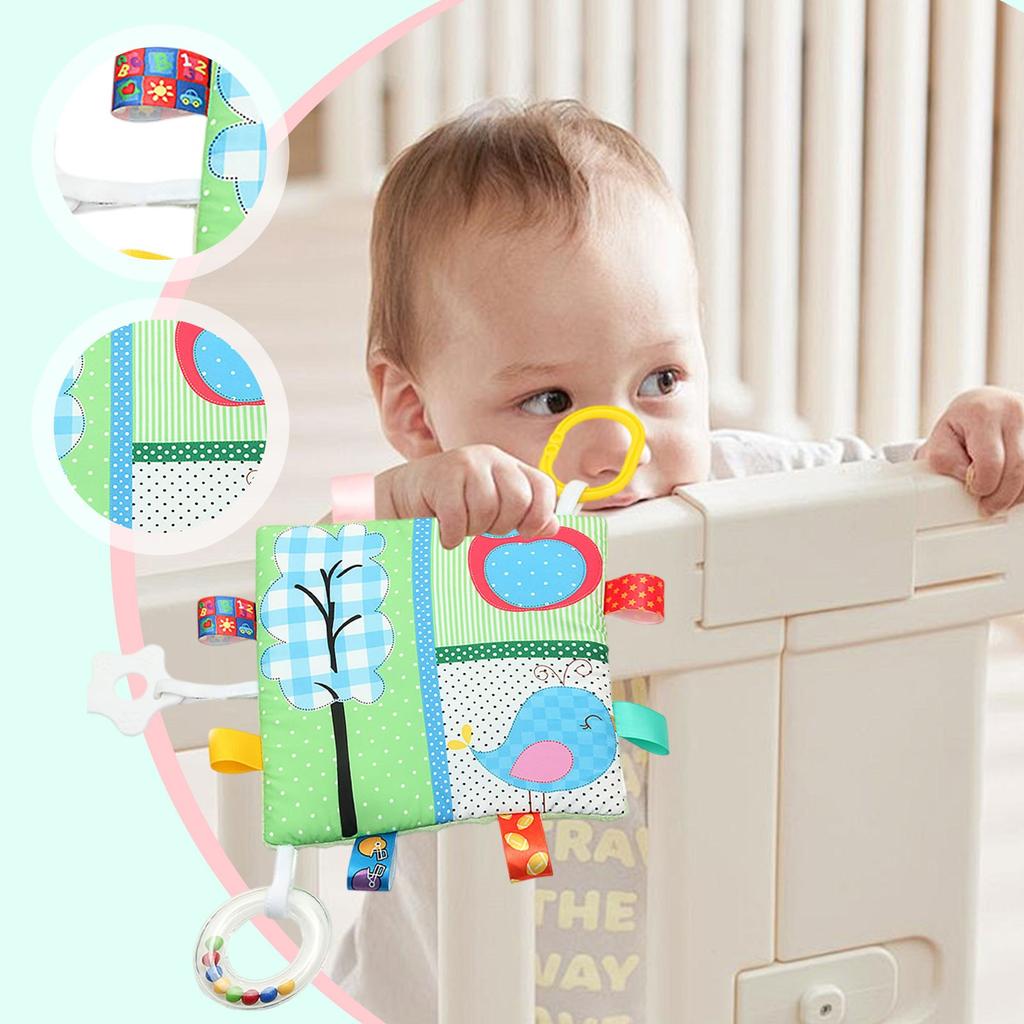 Baby Cartoon Label Comfort Towel, Soft Hanging Ring With Rattle Teether