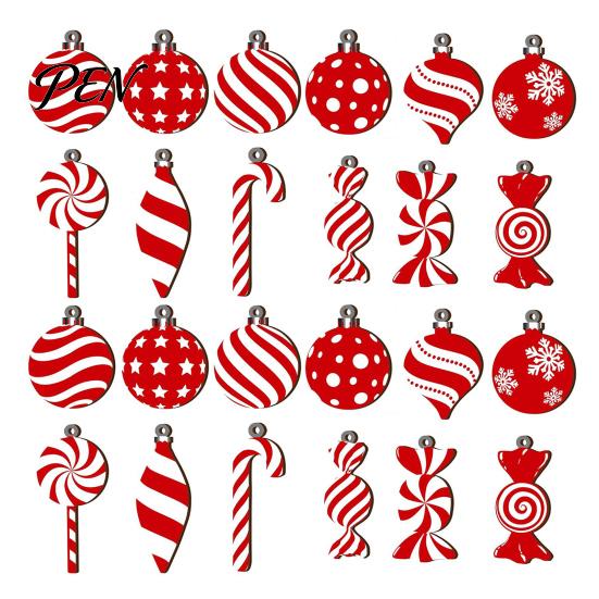 Indoor Holiday Party Supplies 12/24/36 Pcs Wooden Candy Cane Christmas Ornaments, Hanging Lollipop Ball Decor, Double-Sided Vintage Style Xmas