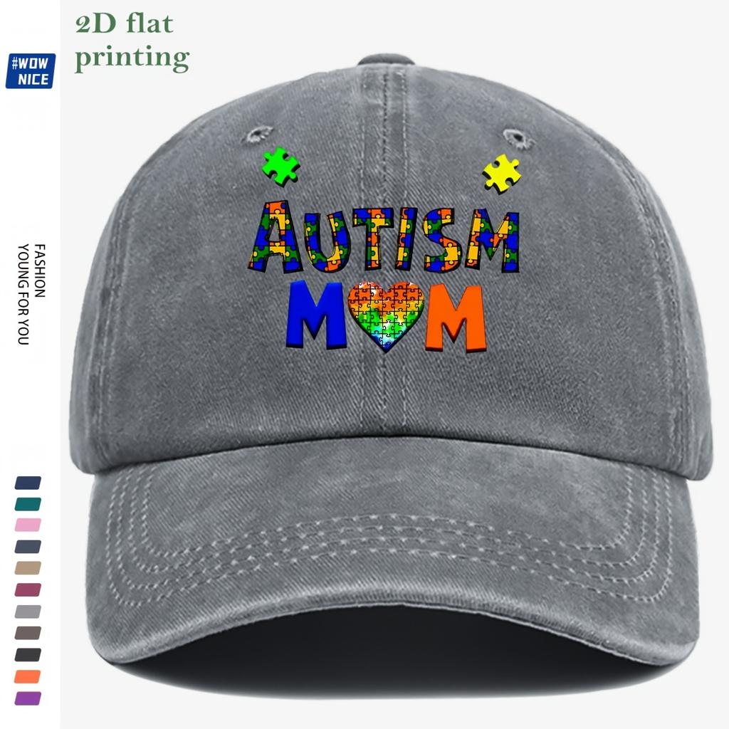 pc Autism Themed Puzzle Print Baseball Cap Colorful Puzzle Letters AUTISM with Heart Puzzle And MOM Lettering MotherS Da