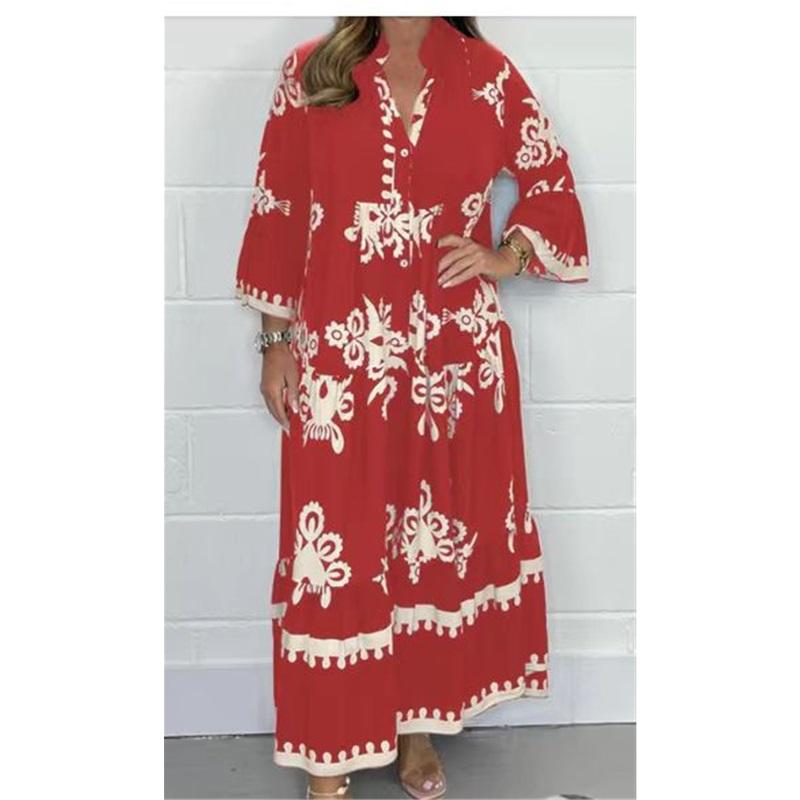 

Европейский и американский стиль женский летний с длинным рукавом воротник большой размер свободный новый стиль элегантное принтованное платье с воротником-стойкой и талией XXXL красный