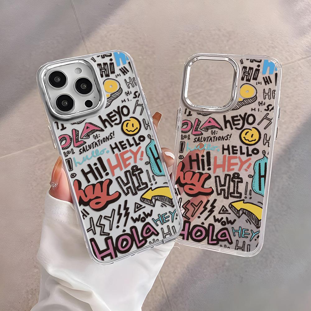 Cartoon Travel Graffiti Phone Case For iPhone 17 Pro Max Air 16 15 Pro 14 13 12 11 Shockproof Silicone Cover Silver Lens Frame
