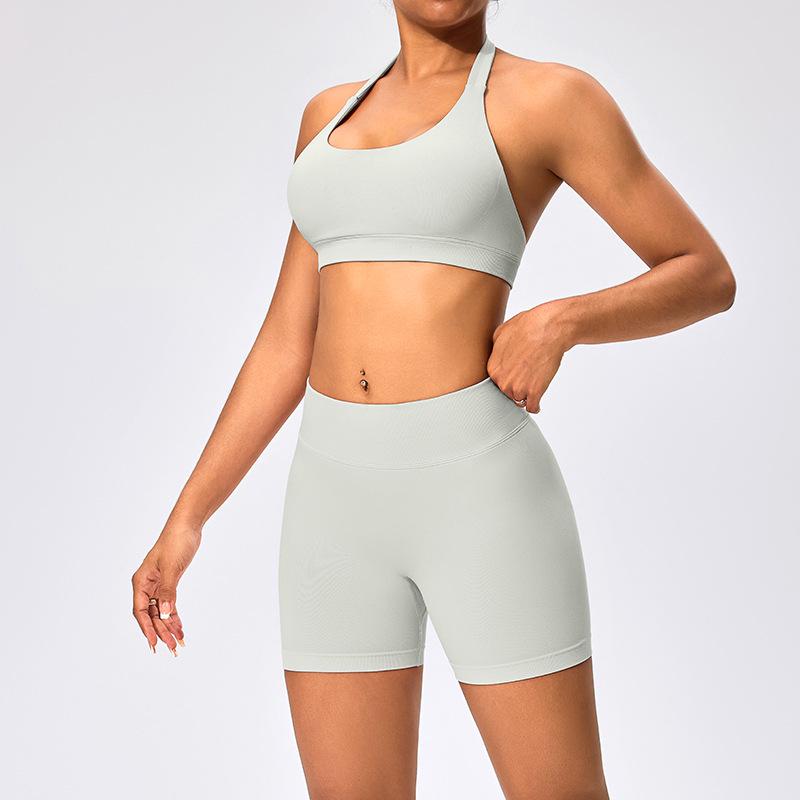 European & American Halter Neck Backless Sports Bra and High-Elastic Seamless Fitness Leggings Yoga Set for Women