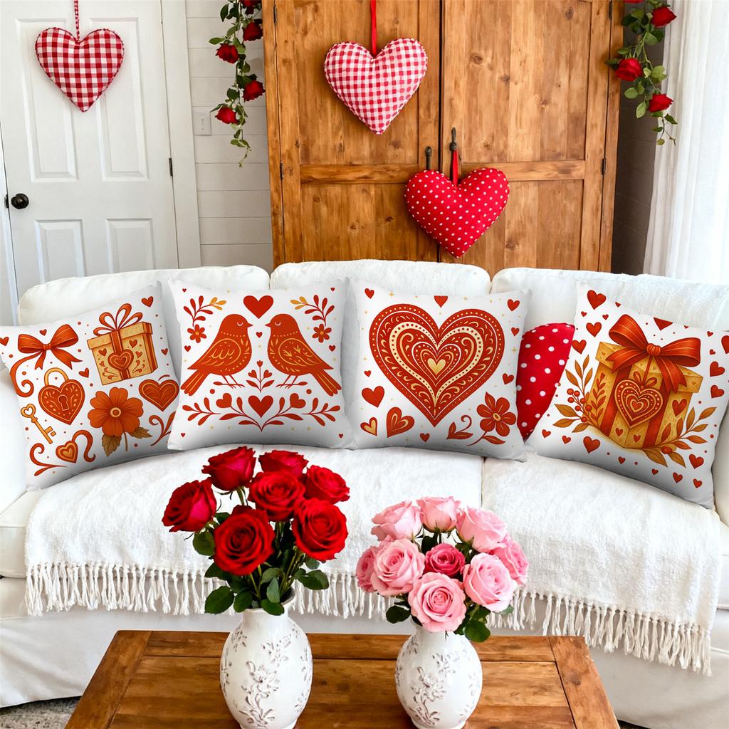 4pcs Valentine'S Day Throw Pillow Covers | Key Heart Lock Gift Bird Designs, Zip Closure, Polyester, Hand Wash Only, Suitable for Bedroom, Sofa