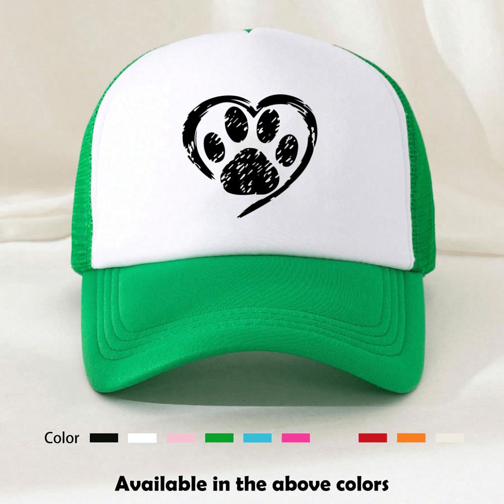 Paw Print Heart Graphic Trucker Hat Breathable Mesh Back Casual Adjustable Snapback Cap for Adults