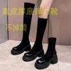 (Leather) 2025 new platform boots boots women's elastic and thin knee short boots thick heel medium boots