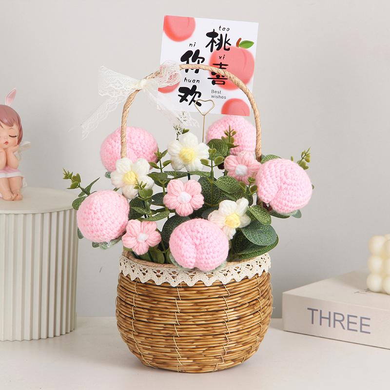 Sonnenblumen Gestrickter Wollstrauß in Handkorb - Geburtstag, Feiertag, Lehrertag, Abschlussgeschenk